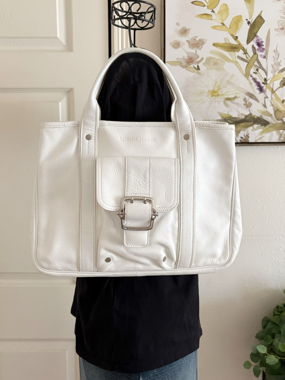 VTG Longchamp White Leather folded Tote with Front Buckle Detail
